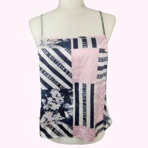 Mixed Print Floral Logo Satin Cam Top Medium Baby Pink Black Stripes